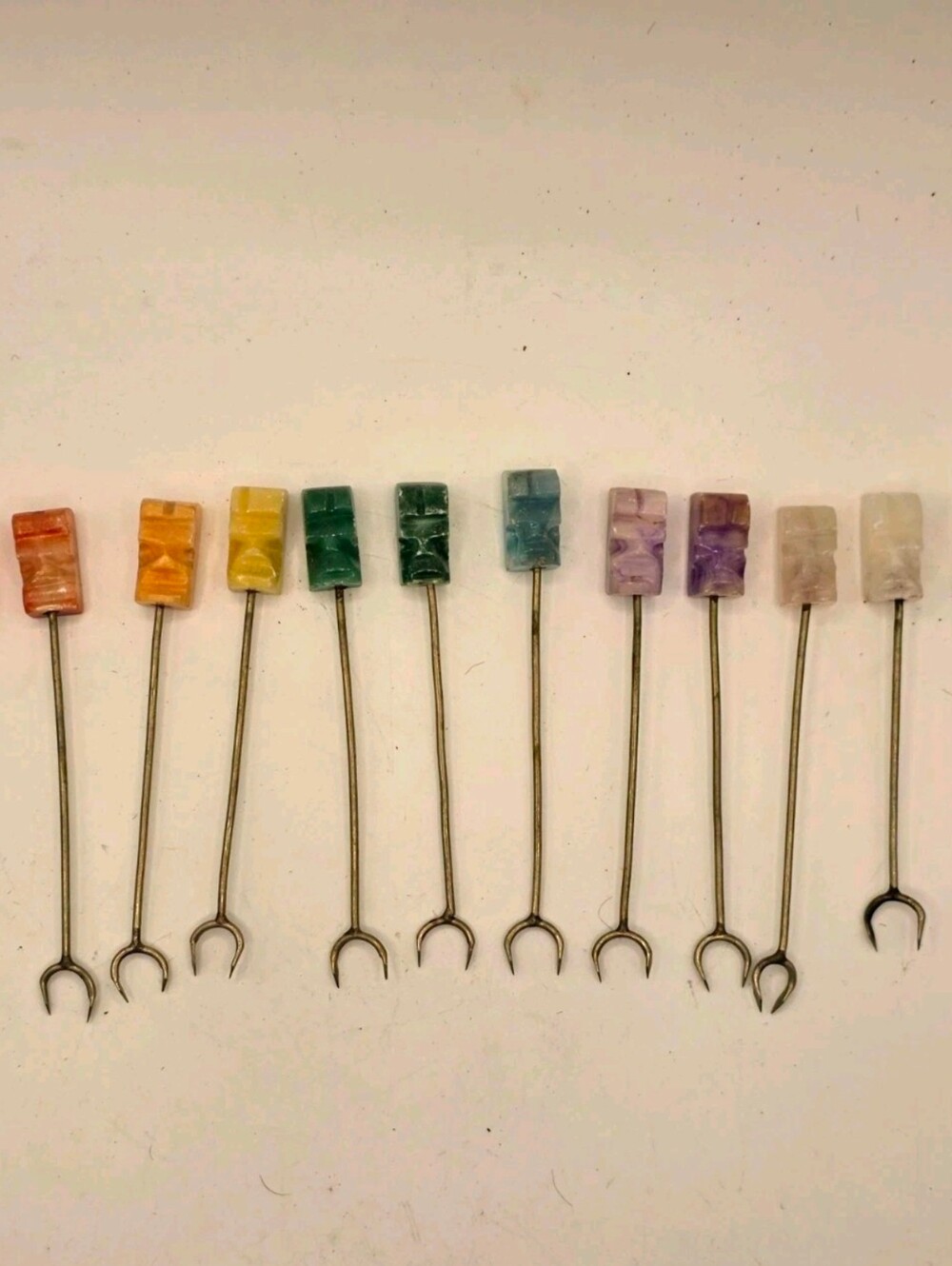 MCM Set of 12 Carved Stone Moai / Tiki Face Cocktail Picks & Fruit Forks Multico